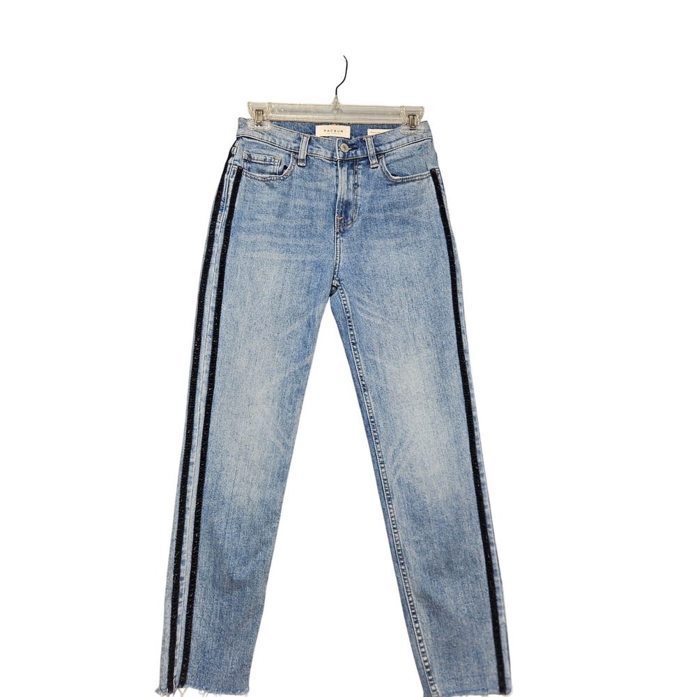 PacSun Vintage Icon Blue Jeans Velvet Side Stripe Raw Hem Women Size 25
